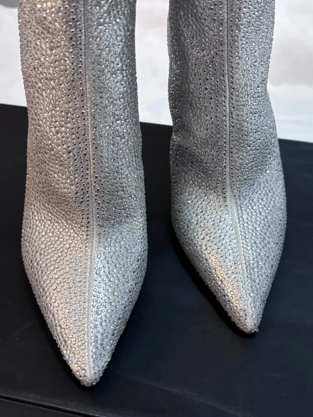 NIB INC Saveria Silver Rhinestone Bling Knee-High Stiletto Boots Women’s 6.5M